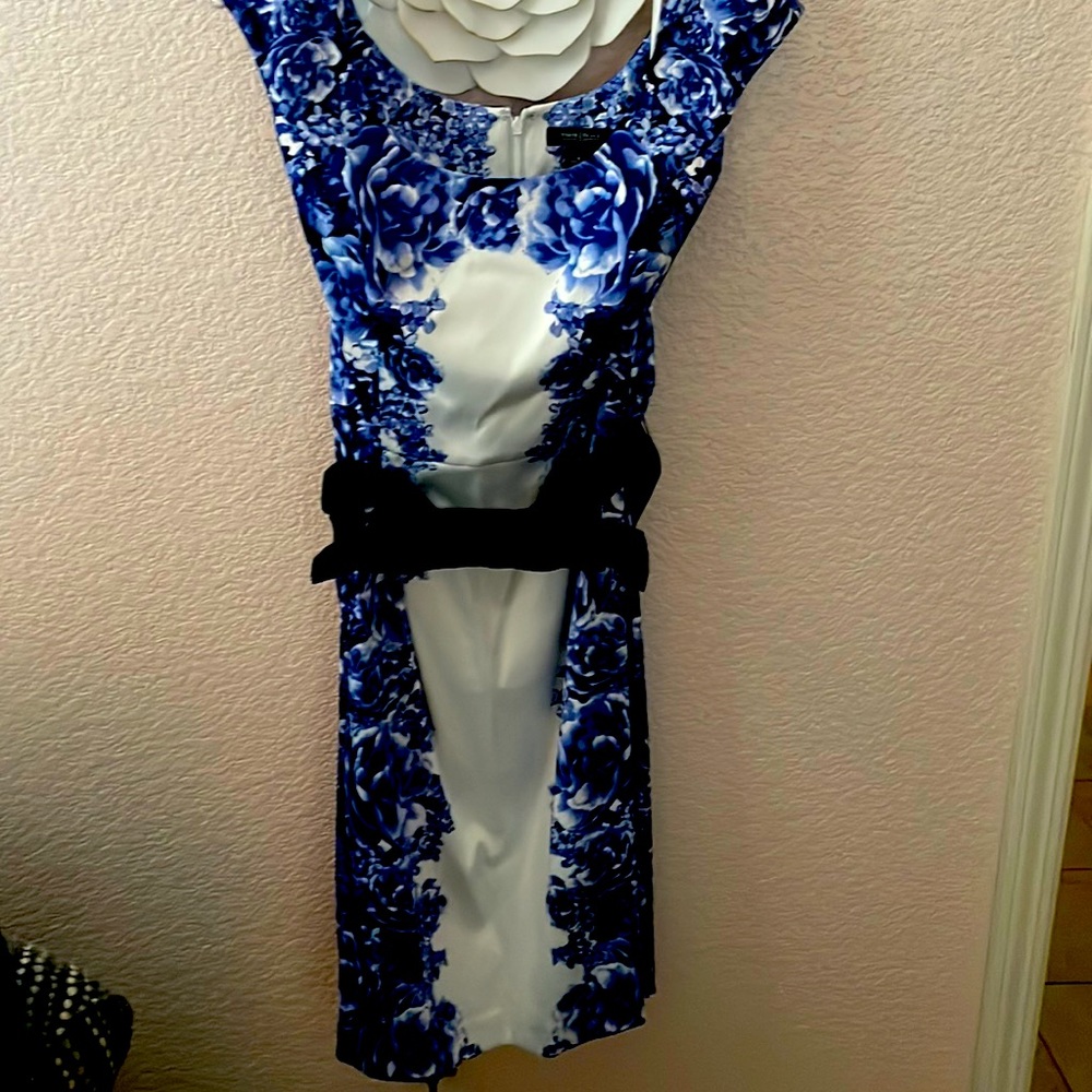 White House Black market, formal blue floral and white dress with black bow belt